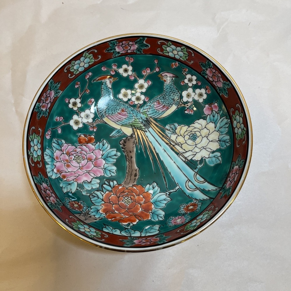 Vtg 6.25" Gold Imari Hand Painted Japanese Peacock Birds of Paradise Bowl
